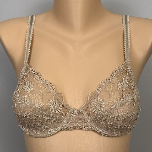 Wacoal Luscious Lace Bra Size 34B 65197 Sheer Underwire Embroidered Beige Tan - Picture 1 of 6